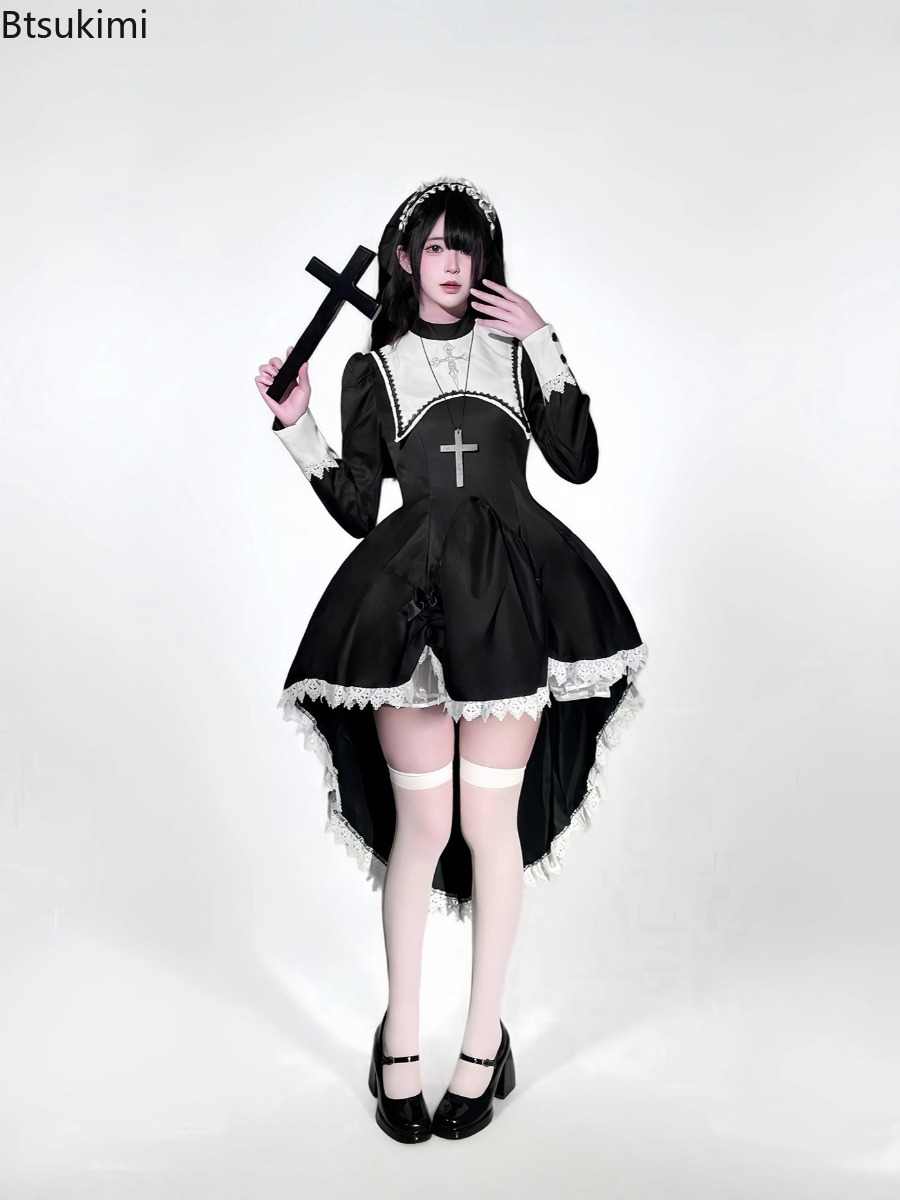 Anime Cosplay Nun - Black Gothic Nun Dress Anime Cosplay